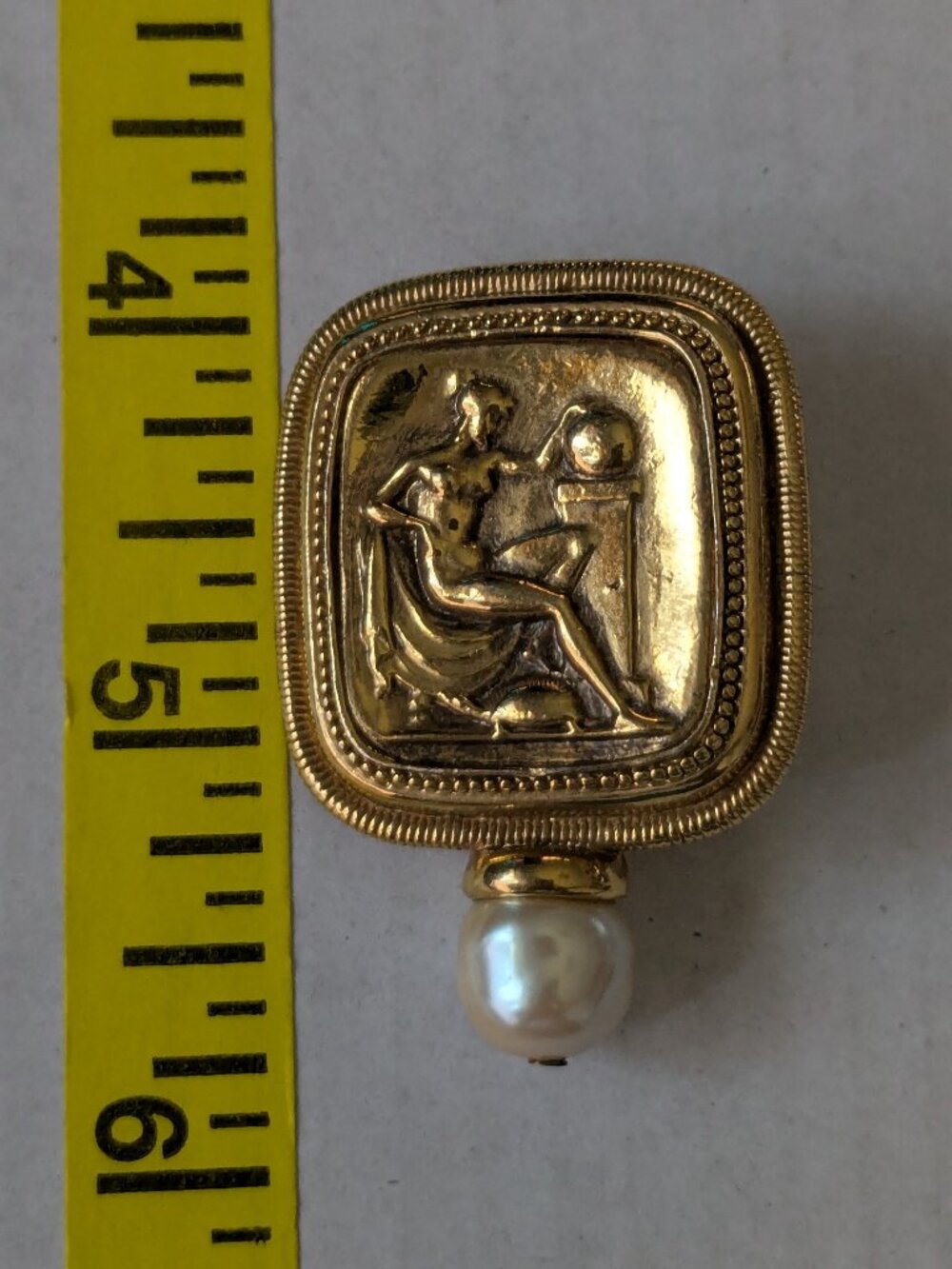 Antiquities Couture 1928 Brand Gold Tone Greek Goddess Faux Pearl Pendant Brooch